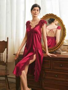 Côtesoire Elegant And Noble French Romantic Lace Patchwork Backless Tie Hollow Out Ruffle Satin Women Nightgown - Burgundy - View 3