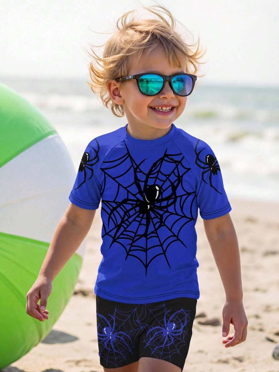 Bubblio Conjunto de ropa de baño informal para niño pequeño con camiseta de manga corta de cuello redondo holgada y pantalones cortos. Diseño clásico y fresco con estampado gráfico de corazón y telaraña, adecuado para nadar, hacer surf, playa y vacaciones.