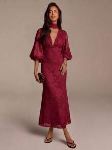 COSMINA Women's Deep V-Neck Elegant Waist Cinching Party Dress - Burgundy - View 3