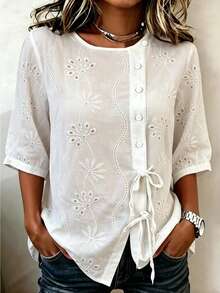 SHEIN Holidaya Women's Hollow Embroidered Tie Decor Blouse White Floral Summer Bohemian Cottagecore Boho Vacation - White - View 4