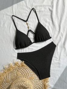 SHEIN Swim 26SS 女士春夏沙滩套装，女士比基尼套装，两件套，海滨度假风，INS网红性感炸弹优雅浪漫可爱波西米亚风纹理面料，精致金属贝壳扣装饰，可拆卸衬垫罩杯，细肩带露背比基尼套装 - 黑色 - 查看 3