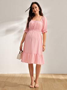 SHEIN 孕婦休閒純色短袖洋裝 夏天穿搭 - 粉色 - 查看 7