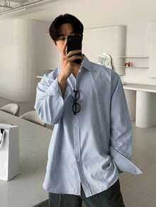 DAZY 男士條紋長袖襯衫，春季 - 藍色 - 查看 3
