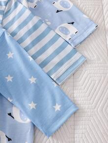 3pcs Newborn Long Sleeve Footie Pajamas Set, Blue Striped Star Elephant Print, Cute & Simple, Comfortable Casual Homewear Suitable For Boys & Girls All Seasons - Blue - View 6