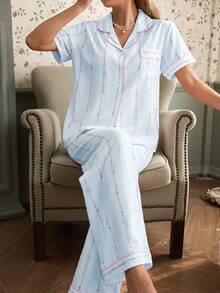 CottageSlumber Bubble Wrinkle Line Ditsy Floral Short Sleeve Pajama Set - Blue - View 7