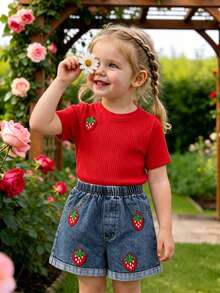Souflis Girls' Strawberry Print Short Sleeve Denim Set, Cute And Energetic. Bright Red Short Sleeve Top With 1 Dimensional Strawberry Decor, Lively And Playful. Denim Shorts With Multiple Strawberry Decorations Matching The Top Details, Cuffed Hem Design, Elastic Waist For Easy Wear. Suitable For Spring/Summer Casual Outings And Play. - Red - View 6