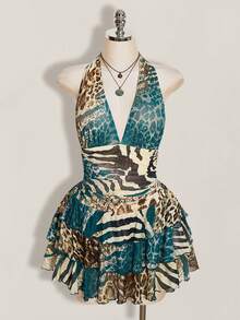 SHEIN ICON Đầm size lớn họa tiết da báo cổ yếm, eo nhún, nhiều lớp voan - Nhiều màu - Xem 3