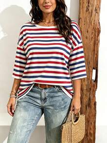 EMERY ROSE Plus Size Women Casual Striped Print Drop Shoulder T-Shirt, Suitable For Summer Wear - Multicolor - View 3
