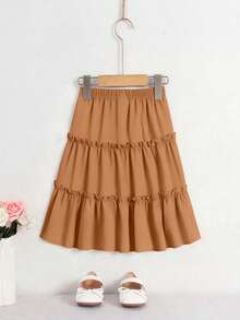 SHEIN Girls' Casual Black Chiffon Ruffle Hem Skirt, Suitable For Spring, Summer, Autumn, Versatile For Outings And Various Occasions, Classic & Matching - Brown - View 3