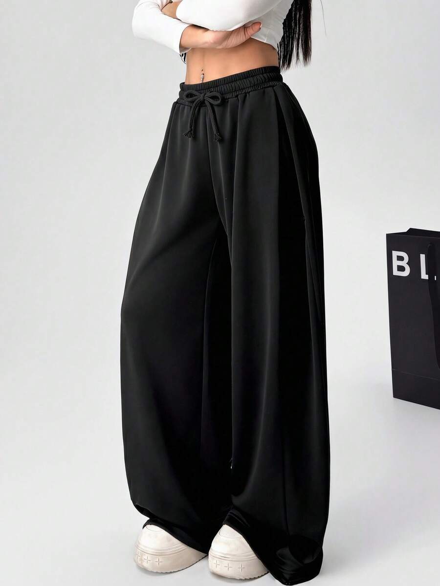 SHEIN 少女黑色休闲百搭宽松运动裤 - 黑色 - 查看 1