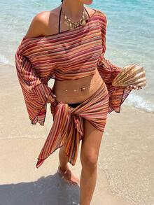 Opulessa Women's Beach Vacation Style Color Block Striped Pattern Two-Piece Swimsuit Set - Multicolor - View 4