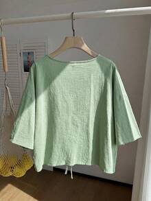 SHEIN EZwear 大码女式薄荷绿系带短袖衬衫，绿色系带罩衫，薄荷绿雪纺罩衫，绿色沙滩罩衫，返校季，休闲外套 - 薄荷綠 - 查看 2