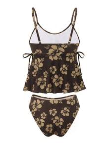 SHEIN Swim 大尺碼女款兩件式碎花細肩帶開衩泳衣 優雅海灘派對度假分體式比基尼 黃色祖母綠 夏季 - 咖啡棕 - 查看 3