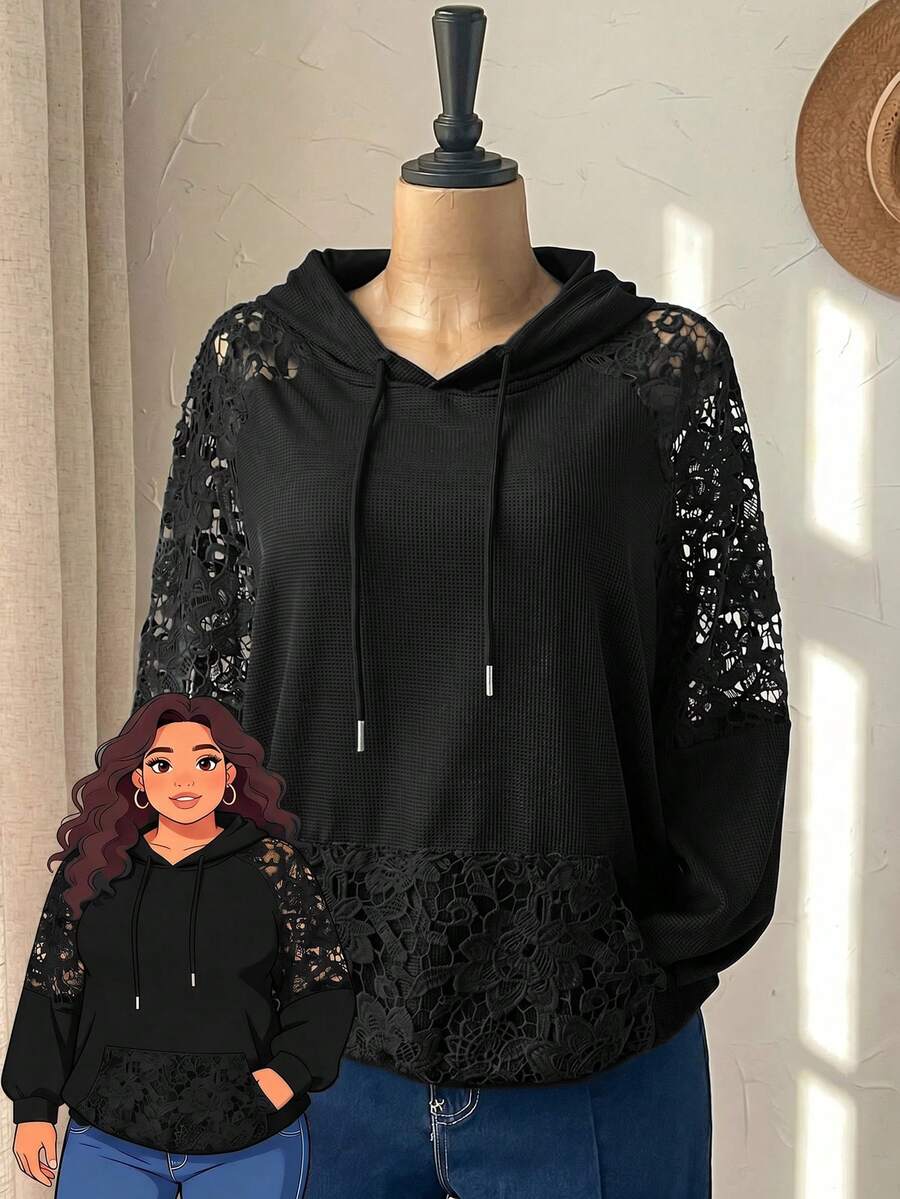 Rusticease Plus Size Solid Color Lace Patchwork Sweatshirt - Black - View 1