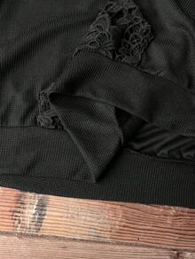 Rusticease Plus Size Solid Color Lace Patchwork Sweatshirt - Black - View 9