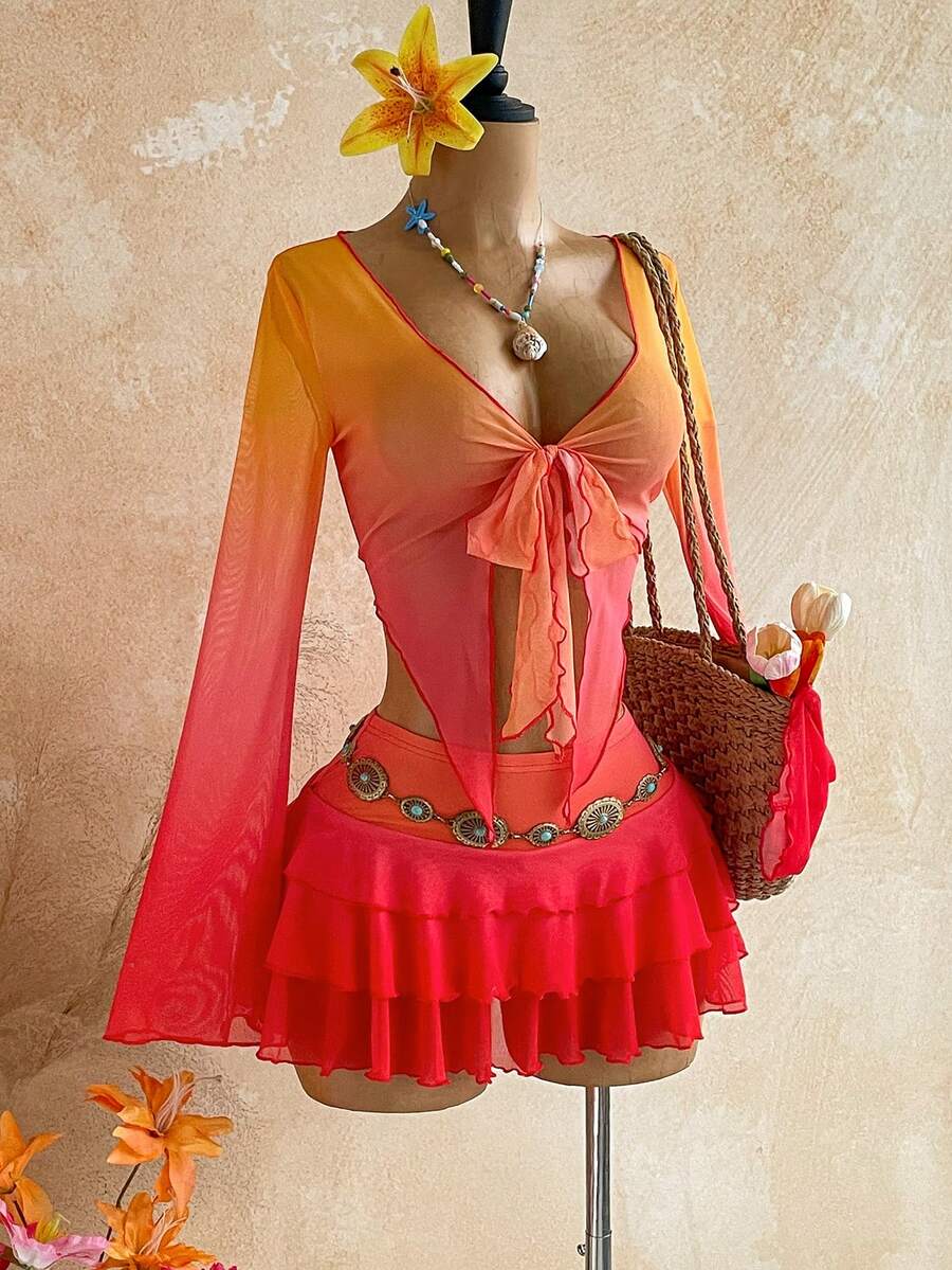 Soleia 女款復古花卉&字母印花紅橘色長袖繫帶式罩衫+迷你裙2件套,夏季波希米亞度假海灘穿搭 - 彩色 - 查看 1