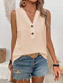 EMERY ROSE Top de tirantes casual para mujer de unicolor con cuello en V con muesca y diseño de botones - Albaricoque - Ver 5