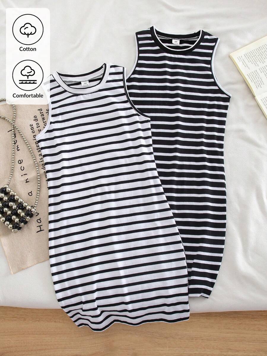 Genkimix Kids 2pcs/Set Girls' Black And White Ribbed Pattern Ribbed Sleeveless Casual Bodycon Dress, Summer Birthday - Black and White - View 1