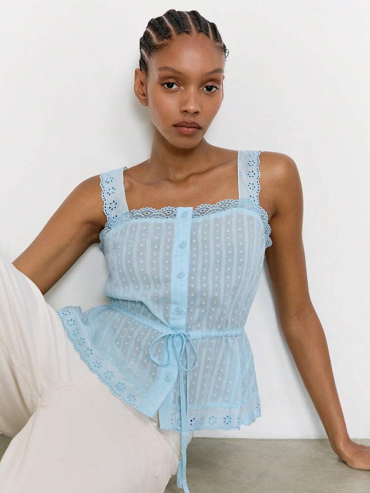 SHEIN Maija Women's Light Blue Sleeveless Beaded Cutout Drawstring Vacation Tank Top Tea Party Vacation Summer Elegant French Style,Summer Top