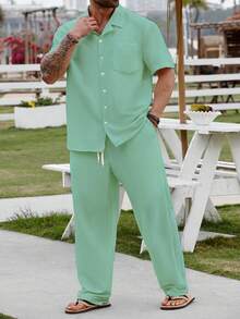 Manfinity RSRT Plus Size Men's Solid Color Short Sleeve Single-Breasted Shirt And Pants Set - Mint Green - View 7
