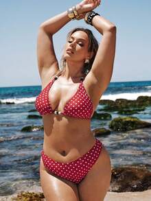 SHEIN BAE Plus Size Women Polka Dot Beaded Halter Tie Sexy Bikini Swimwear Set - Red - View 5