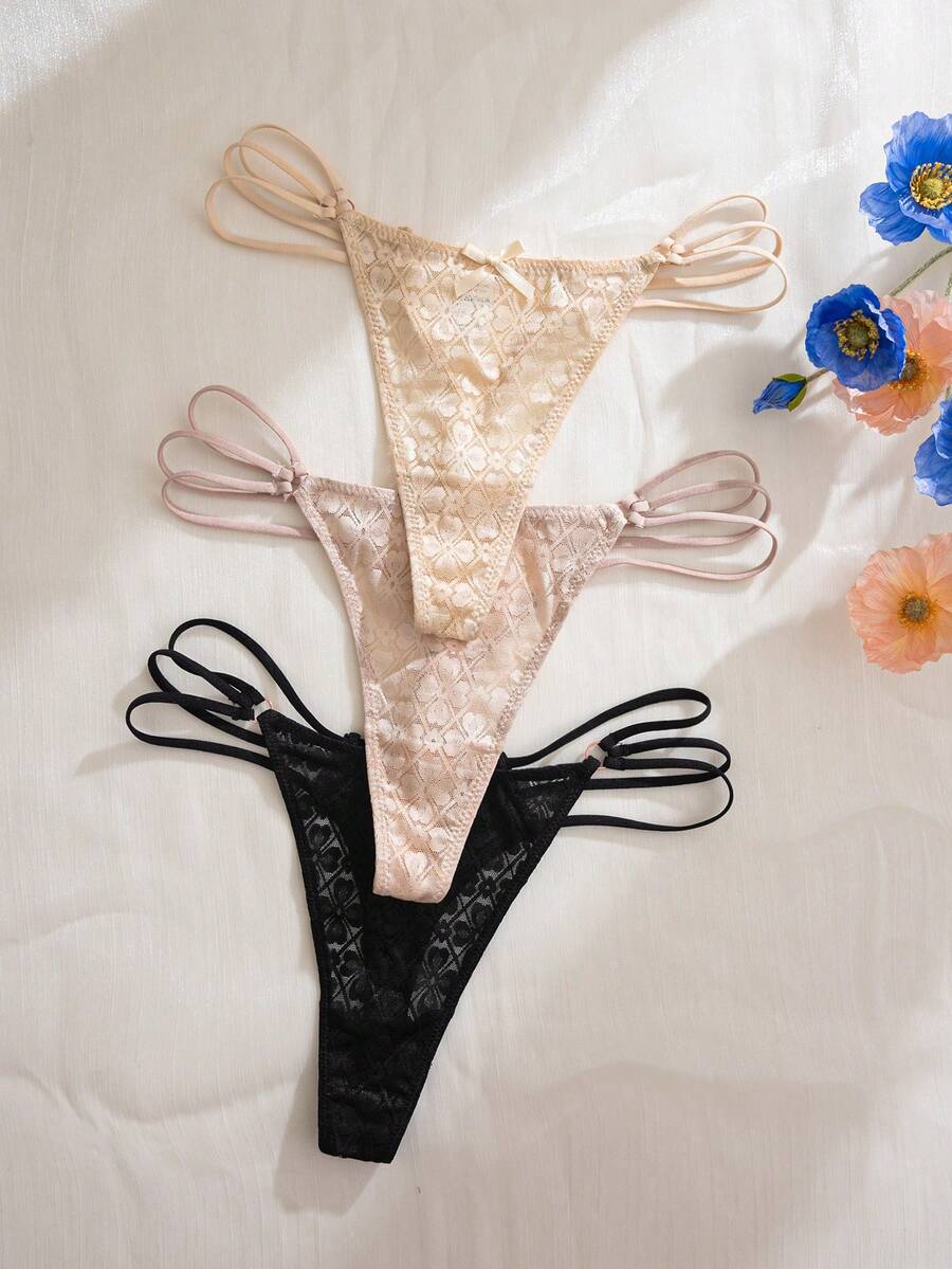 SHEIN 3件組浪漫蕾絲蝴蝶結丁字褲 - 彩色 - 查看 1