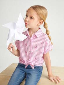 SHEIN Camisa casual con hombros caídos, estilo minimalista, de tejido suelto y con rayas, con lazo delantero para niña joven - Rosa - Ver 9