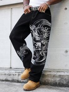 Manfinity EMRG 男士休閒龍圖案牛仔長褲 - 黑色 - 查看 6