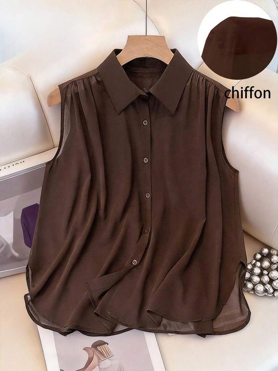 GlowEve CURVE Brown Plus Size Semi-Sheer Chiffon Blouse Sleeveless Shirt With Collar And Ruched Detailing Casual Regular Hem Top - Brown - View 1