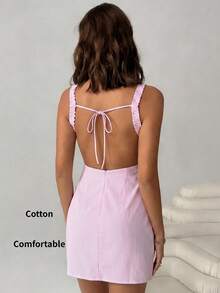 SHEIN EZwear 女款夏季性感度假風拼接條紋印花無袖露背打結迷你洋裝 - 藕粉色 - 查看 2