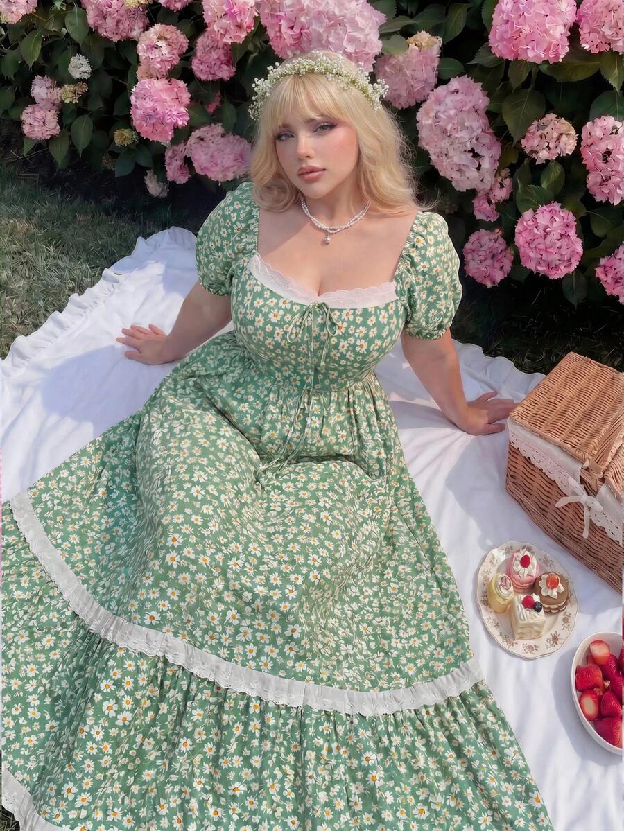 Lyrianda Vestido casual con estampado floral pequeño y mangas abullonadas, primavera/verano - Verde - Ver 1