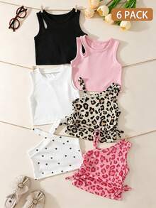 SHEIN Playful Pals 6件組幼兒女嬰夏季Y2K波希米亞風柔軟豹紋愛心粉色白色黑色上衣背心套裝，海灘陽光羅紋單肩T恤上衣，日常休閒合身裝 - 彩色 - 查看 9
