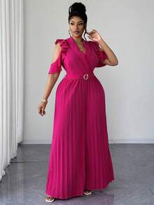 Maweii Jumpsuit Formal Elegan Musim Panas Wanita Ukuran Plus, Leher V, Bahu Terbuka, Lengan Berkerut, Celana Panjang Lebar, Romper Pesta Ninang Merah Muda Buah Naga untuk Pernikahan - Hot Pink - View 3