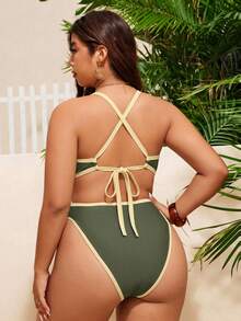 Swim Mod Plus Size Women 2 Pieces Colorblock Spaghetti Strap Triangle Cup Sexy Split Swimsuit Beach Vacation Casual Bikini Set For Summer - Multicolor - View 2