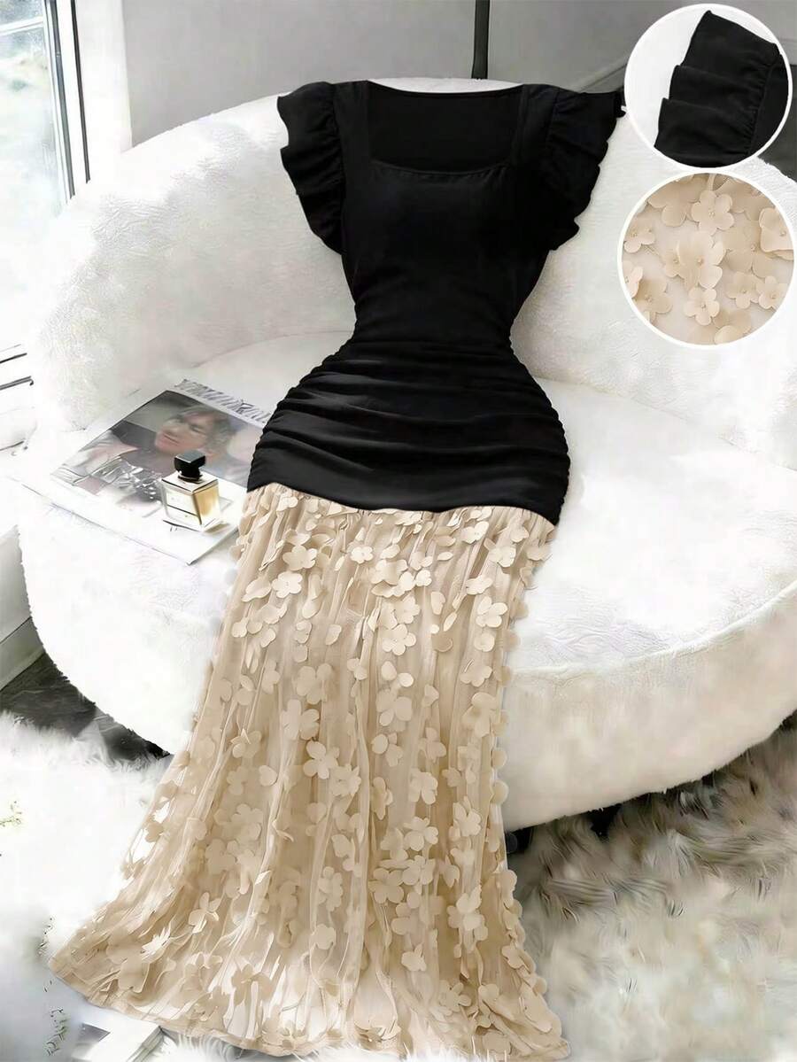 Franclia Women's Elegant Square Neck Ruffle Sleeve Waist Splice Mesh Embroidered 3D Floral Hem Dress, Suitable For Spring/Summer Outings And Dates - Black and Gold - View 1