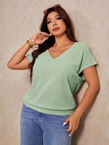 Elaquor Plus Size Women V-Neck Solid Color Casual Versatile Daily T-Shirt - Green - View 5