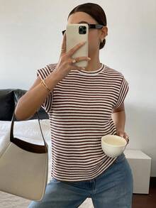 Siren Gaze Women's Brown And White Round Neck Short Sleeve Casual Versatile T-Shirt World Cup Vacation Summer - Multicolor - View 7