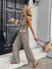 Serisse Women's Striped Deep V-Neck Top And Pants Casual 2 Pieces Set - Mocha Brown - View 3