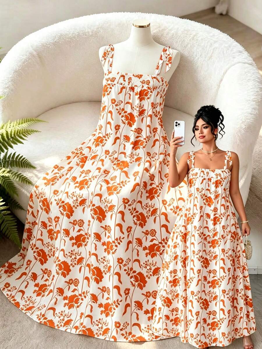 SHEIN Clasi Plus Size Women's Brown Summer Boho Tea Party Holiday Elegant Digital Printing Spaghetti Strap Tie-Up A-Line Midi Dress Vacation Daily - Burnt Orange - View 1