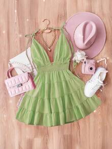 GlowEve Women's Solid Color Ruched Shoulder Tie Sexy Dress - Olive Green - View 2