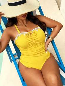 Swim Vcay 2026 New Plus Size Women Beach Vacation Vacation Fashion Ruched Detachable Strap One-Piece Starfish Trim Swimsuit Yellow Summer - Yellow - View 5