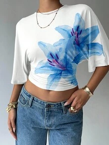 Aloruh Women's Solid Color Round Neck Batwing Sleeve Ruched Design Cropped Fashionable Top - White - View 4