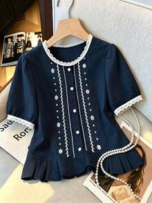 Franclia White Floral Embroidered Lightweight Summer Shirt, Fashionable Youthful Short Sleeve , Suitable For Daily, Vacation, And Casual Commute - Navy Blue - View 3