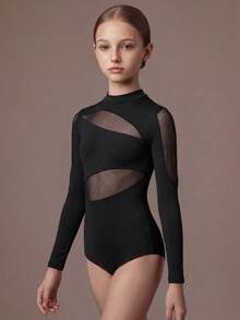 SHEIN 青少年女孩純色撞色網格長袖運動連身褲 返校大學風 - 黑色 - 查看 6
