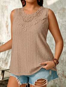 SHEIN LUNE Camiseta sin mangas de mujer talla grande de unicolor con parches de encaje y cuello redondo - Camel - Ver 3