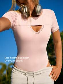 Fluxe Women's Contrast Lace Hollow Out Short Sleeve Jumpsuit Perfect Airport Outfit Suitable For Tennis Yoga Studio Pilates Daily Wear Cute Summer Outfits Festival Outfits Beach Outfits Sea Going Out Outfits Women's Gym Clothes Gym Female Gym Set Casual Sets Holiday Outfits Vacation Sportswear Workout Sets Pink Top - Dusty Pink - View 9