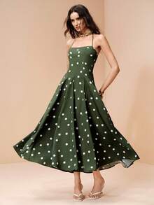 Revavyn Vintage French Romantic Vacation Style Elegant Dark Green Polka Dot Spaghetti Strap Cami Waist-Cinched Slimming Flared Heavy-Duty Patchwork Design Women's Long Dress - Multicolor - View 3