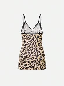 Bella Beso 2 pièces Nuisette sexy pour femmes, imprimé léopard, patchwork de dentelle contrastée, nœud, sans manches, imprimé, ourlet fendu, camisole de nuit pour l'été - Multicolore - Voir 8