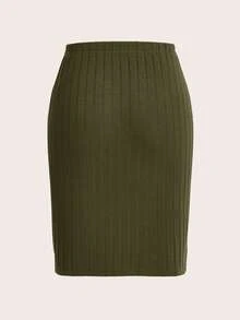 Tseoso Simple Ribbed Elastic Skirt, Casual & Fashionable For Everyday Wear - Army Green - View 2