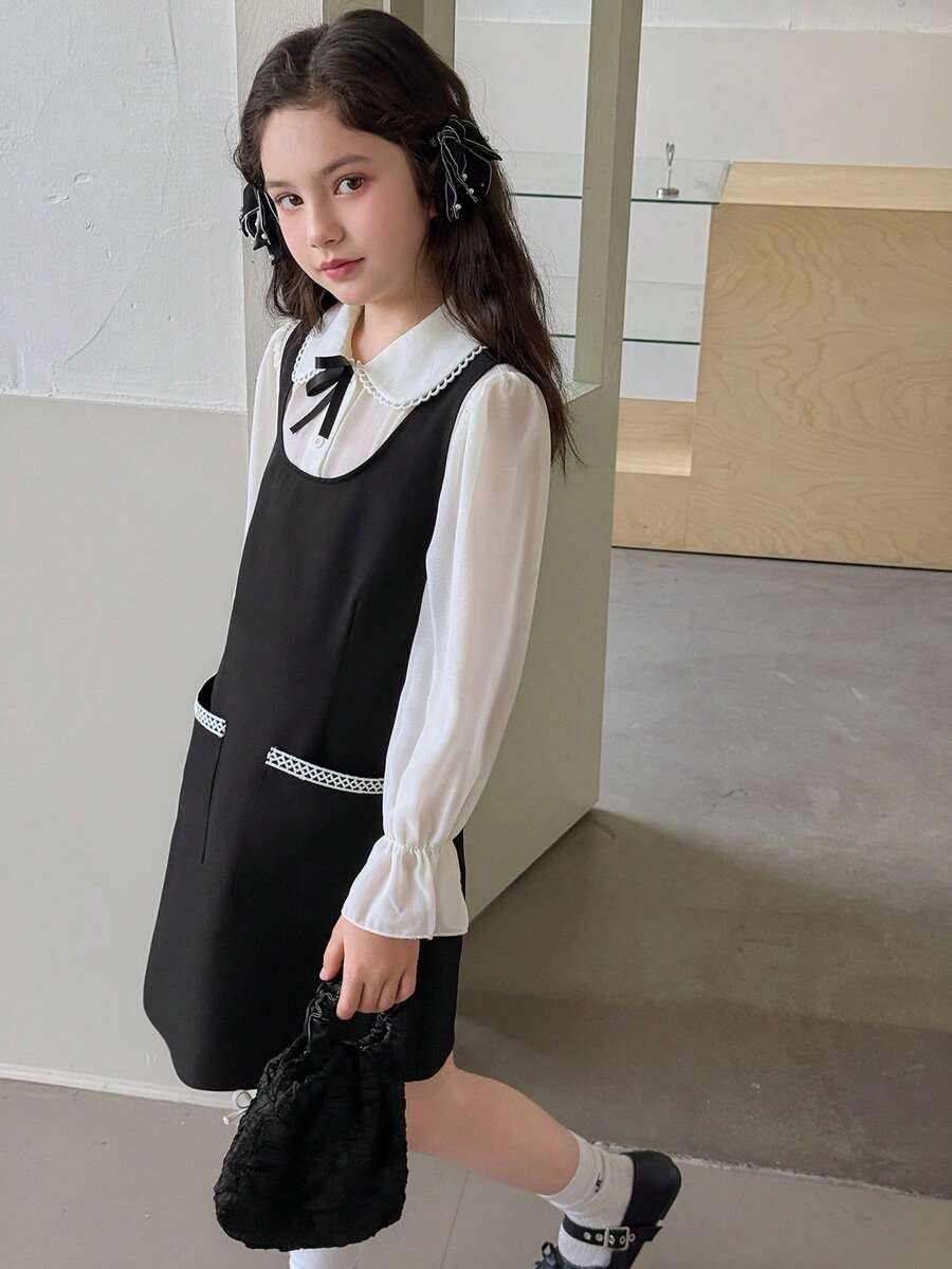 Dazy Kids Tween Girls' Loose Waist Peter Pan Collar Princess 2 In 1 Dress, Plus Size - Black - View 1
